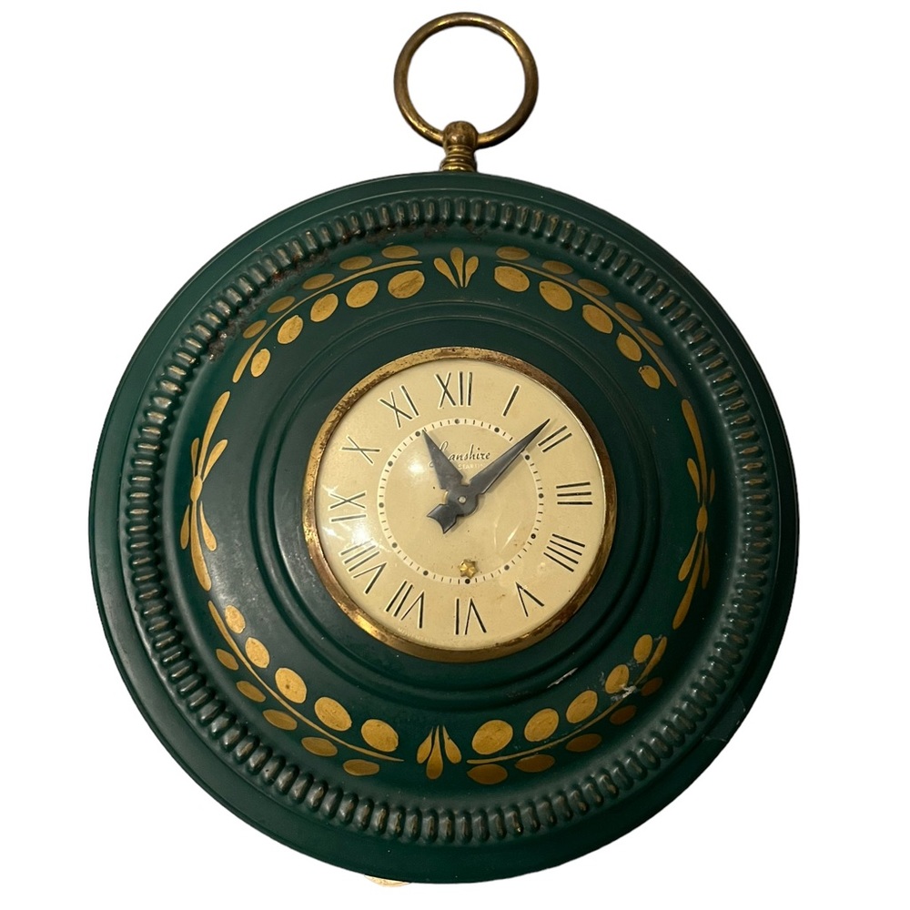 Vintage Lanshire Metal Wall Mounted RoundClock Tested Brass Hook 13”Hx13”L